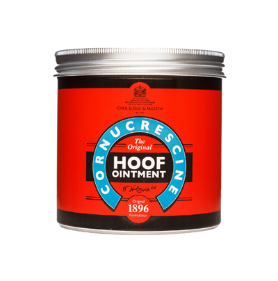 Cornucrescine Hoof Ointment jar with red label and silver lid on white background