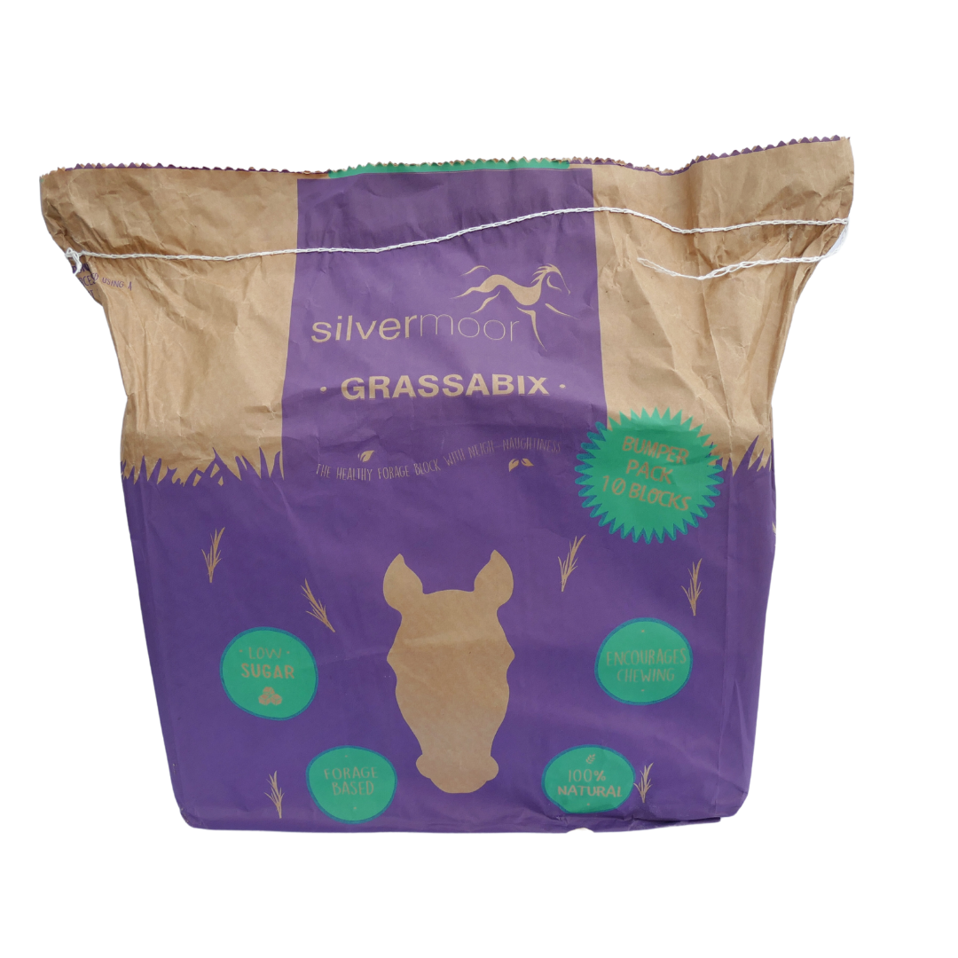 Purple and brown bag with 'Silvermoor Grassabix' branding on a white background