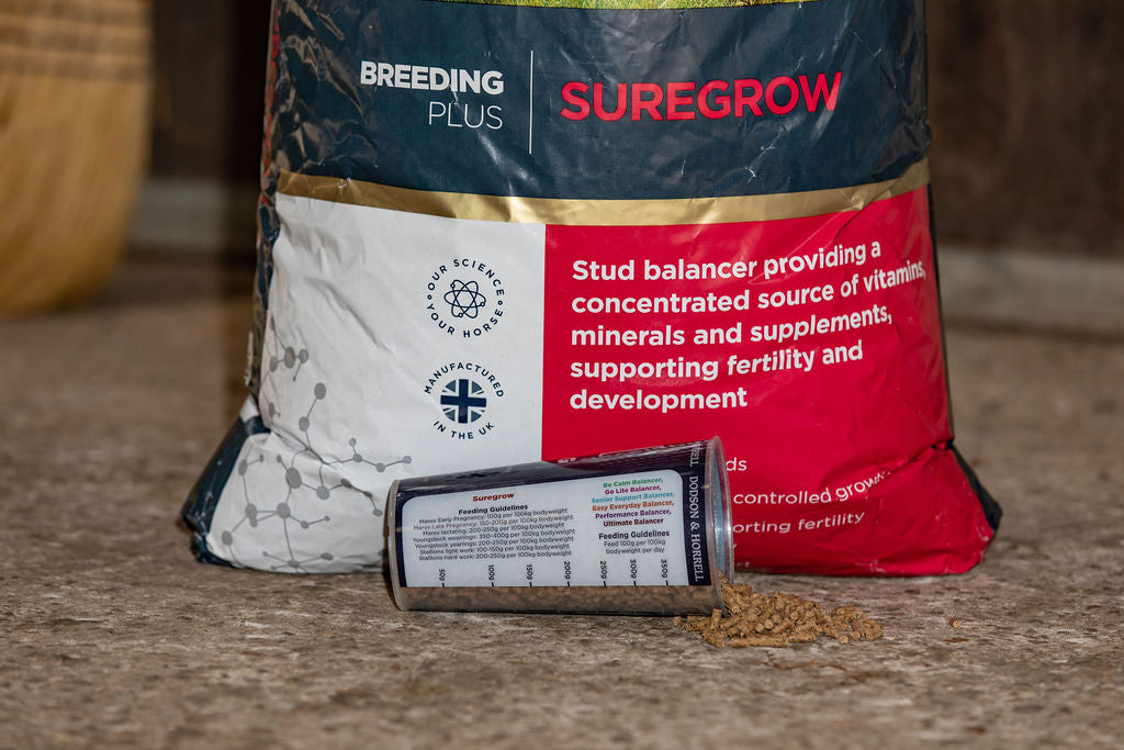 A cup of D&H Suregrow balancer next to a bag of balancer