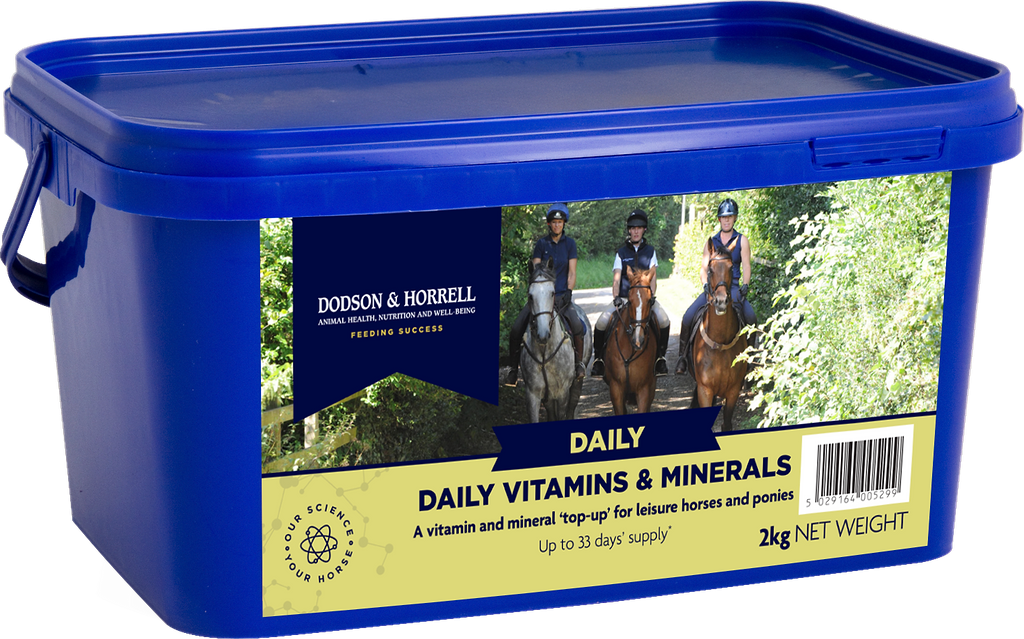 Blue container of Dodson & Horrell Daily Vitamins & Minerals for horses with images of people on horses and text on a white background.