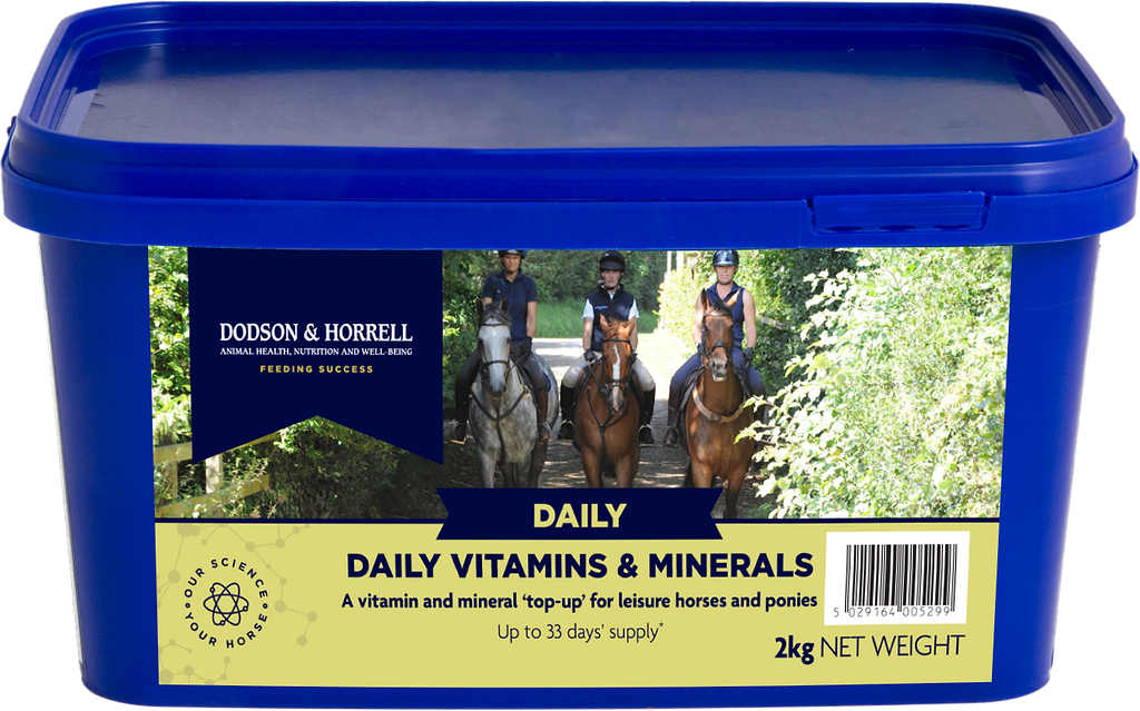 Blue container of Dodson & Horrell Daily Vitamins & Minerals for horses with a label showing people riding horses.