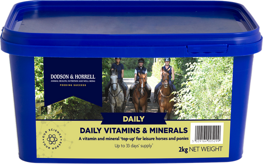 Blue container of Dodson & Horrell Daily Vitamins & Minerals for horses with a label showing people riding horses.