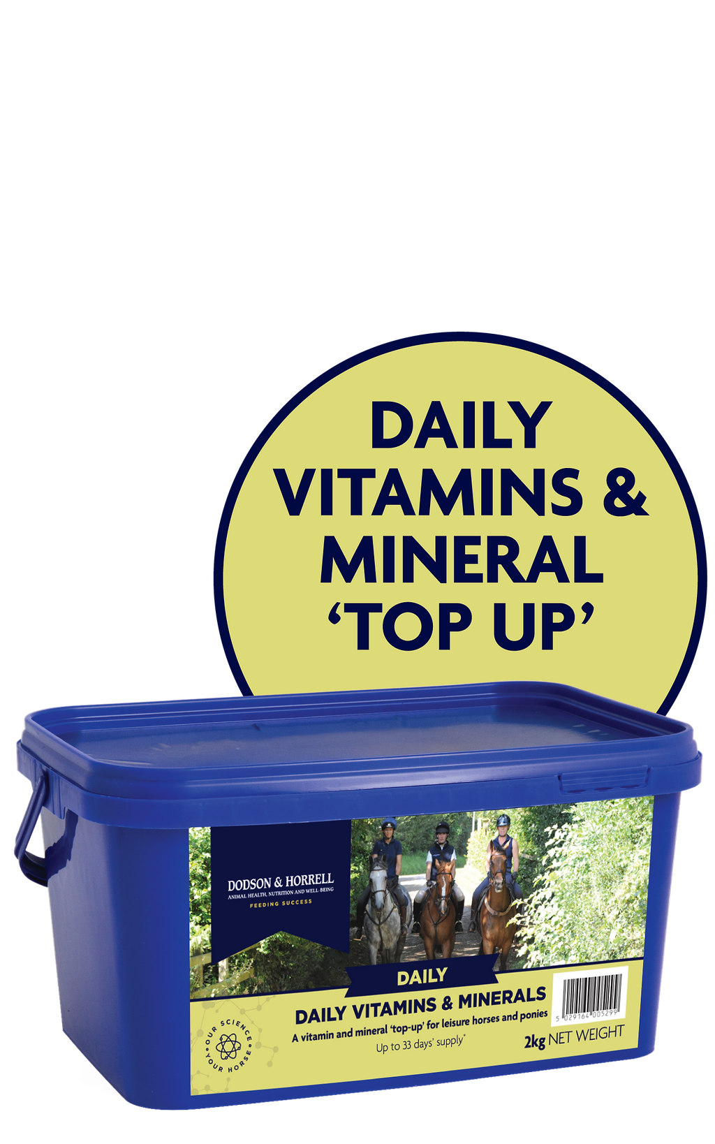 Blue container labeled 'Daily Vitamins & Mineral Top Up' with a yellow label on a white background