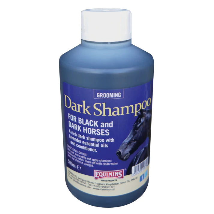 Blue bottle of Equimins dark shampoo for black and dark horses on a white background