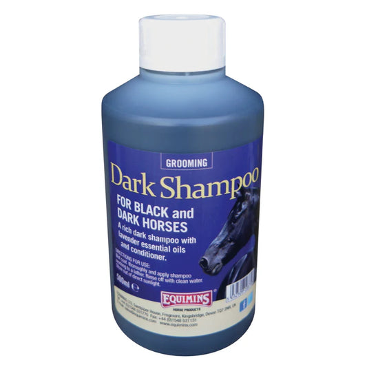 Blue bottle of Equimins dark shampoo for black and dark horses on a white background