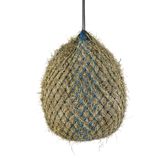 Shires Deluxe Haylage Net, a heavy-duty slow-feed net for haylage, in blue/black with strong hanging rope and small mesh holes.