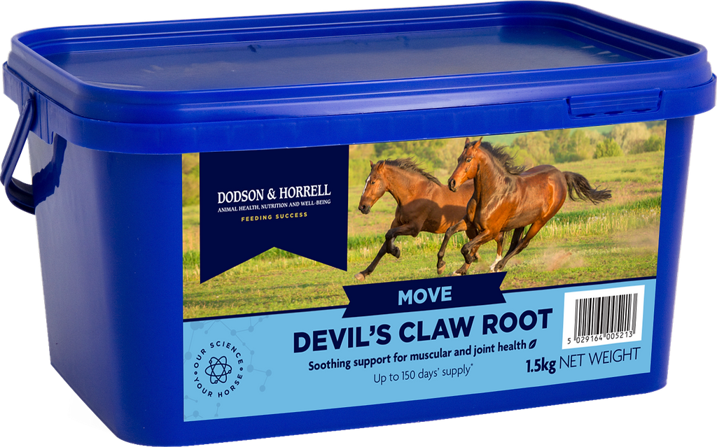 A blue plastic tub of Dodson & Horrell Move Devil's Claw Root supplement, featuring a label with two running horses and product details.