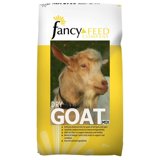 A 20kg bag of Fancy Feed Company Dry Goat Mix feed, featuring a white and yellow bag with a central photo of a goat.