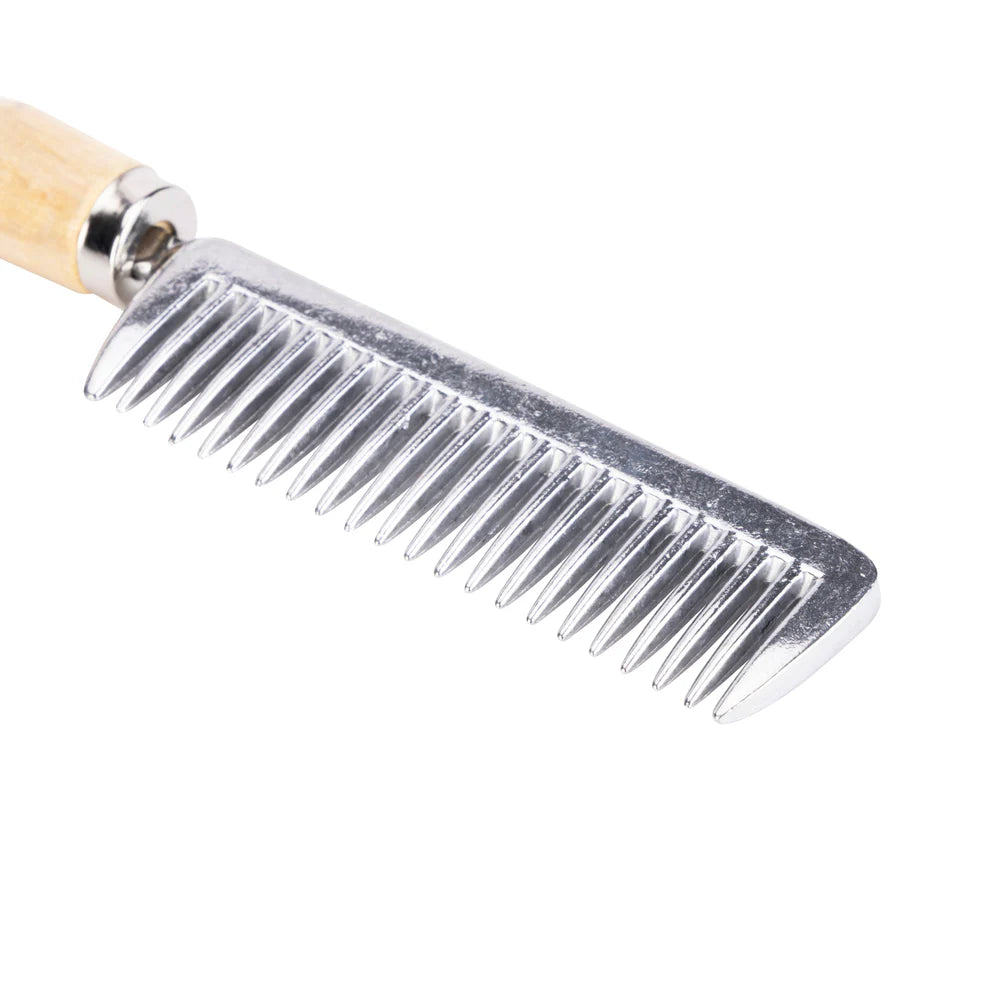 Metal comb with wooden handle on a white background