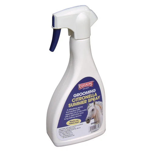 White spray bottle with blue nozzle labeled 'Grooming Citronella Summer Spray' on a white background
