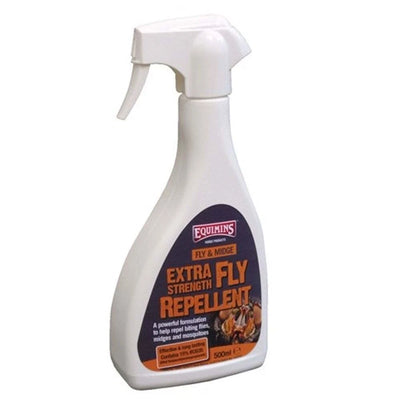 White spray bottle of Equimins Extra Fly Strength Fly Repellent on a white background