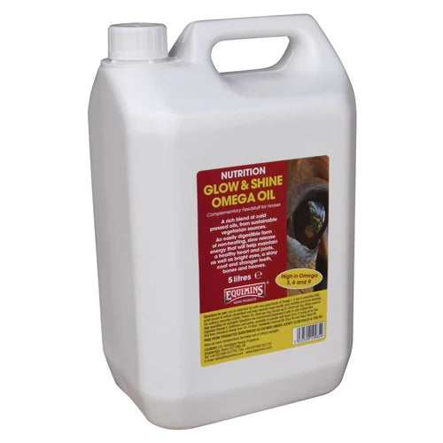 White container of 'Glow & Shine Omega Oil' with a label on a white background