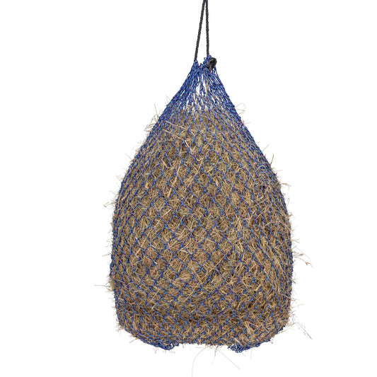 Shires Greedy Feeder Colour-Twist Net, a heavy-duty slow-feed net for haylage, multicolour with strong hanging rope and small mesh holes.