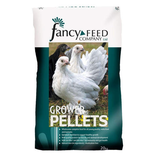 A 20kg bag of Fancy Feed Company Ltd Grower Pellets for poultry, featuring a white and dark teal bag with a photo of three chickens on the front.