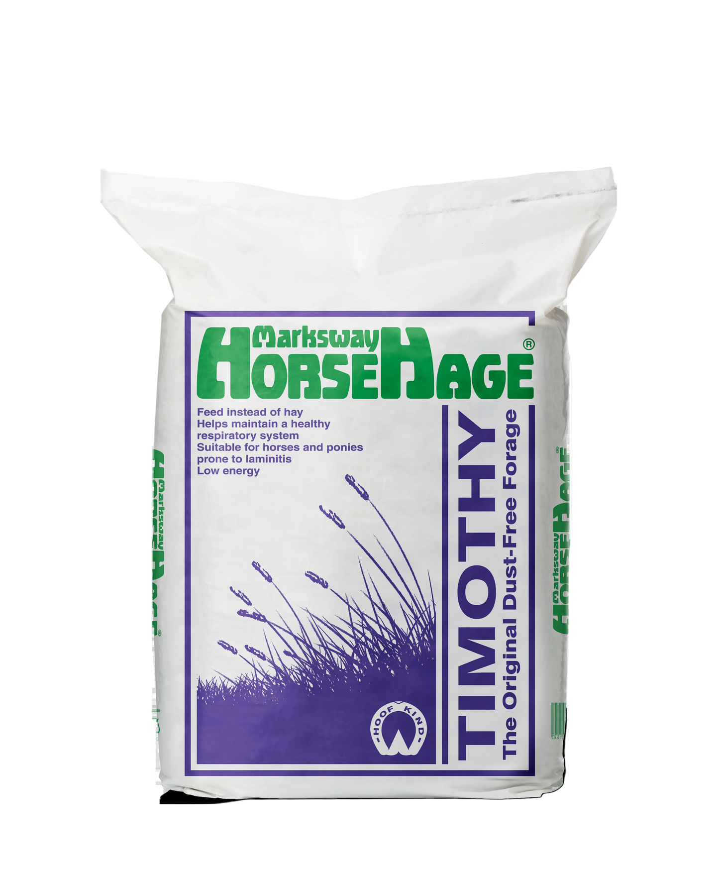 Bag of Marksway HorseHage Timothy hay on a white background
