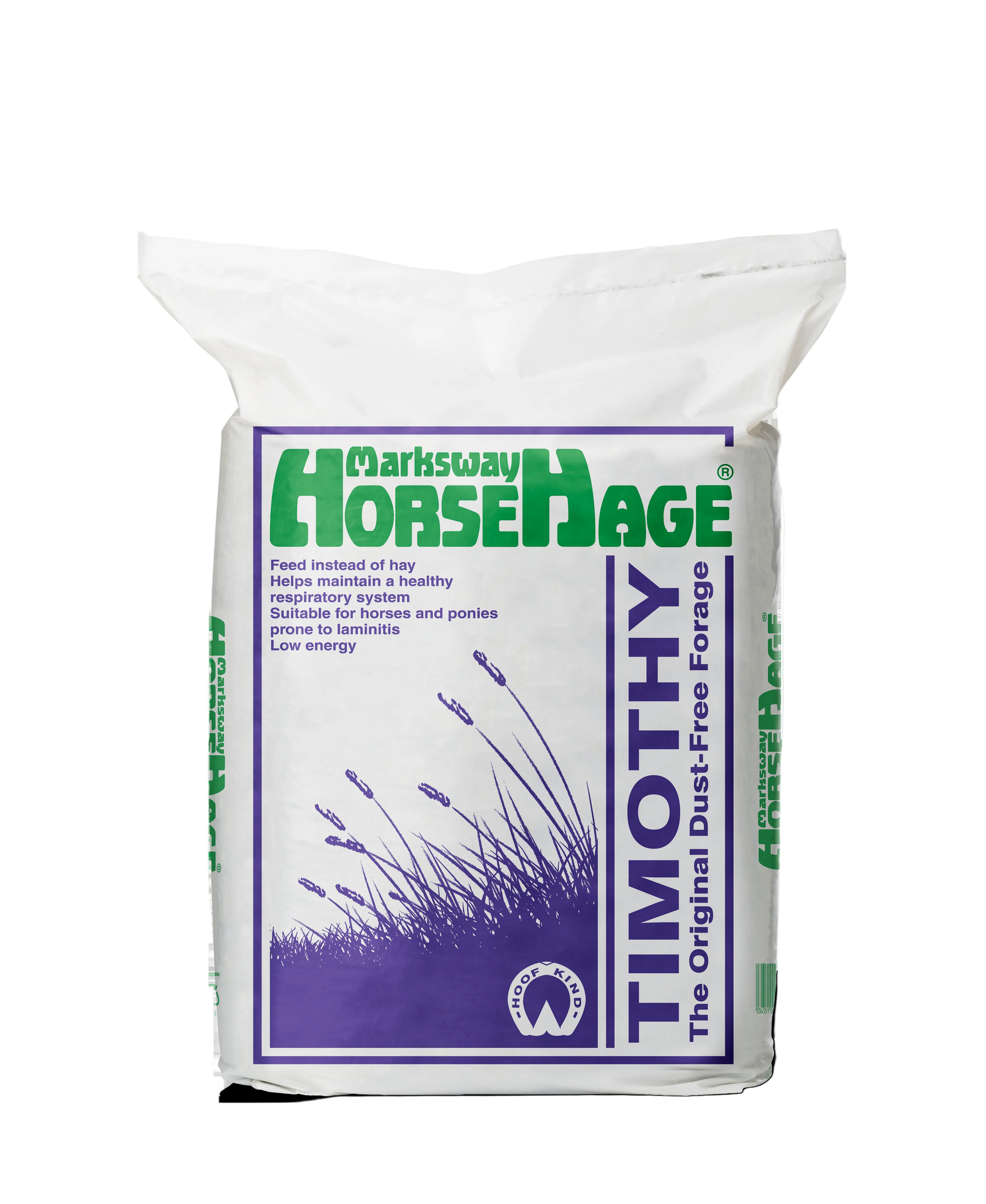 Bag of Marksway HorseHage Timothy hay on a white background
