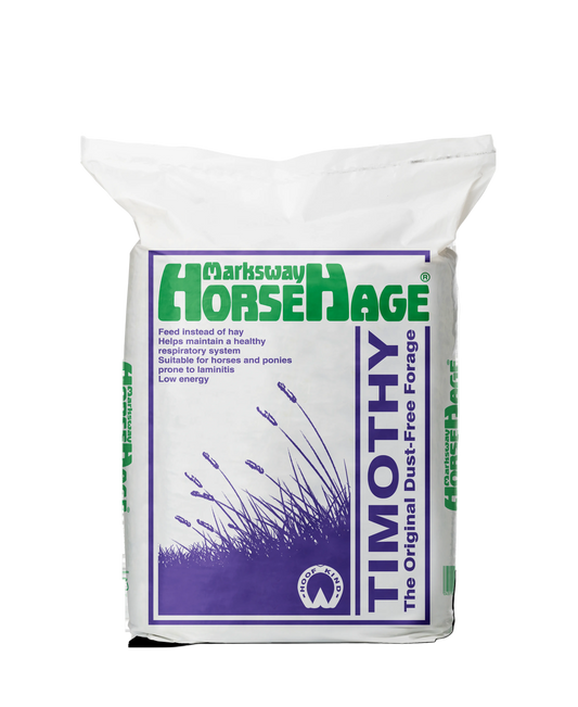 Bag of Marksway HorseHage Timothy hay on a white background