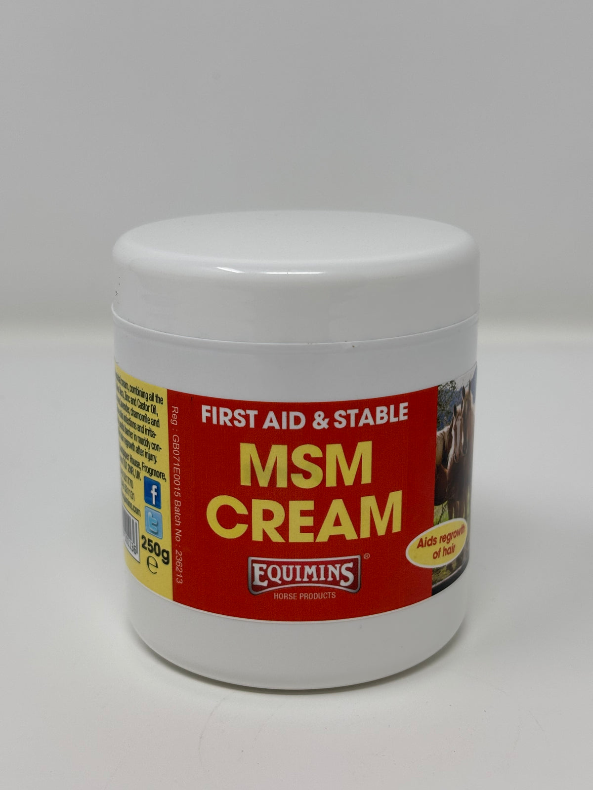 A white plastic jar of Equimins MSM Cream for horses, featuring a red and yellow label, set against a plain light gray background.