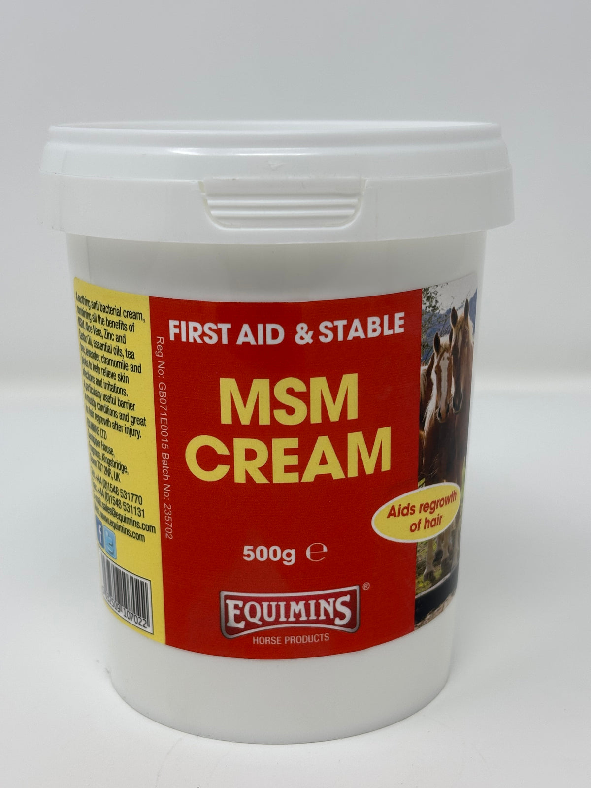 A 500g white plastic tub of Equimins MSM Cream for horses, featuring a red and yellow label with product details and an image of a horse.