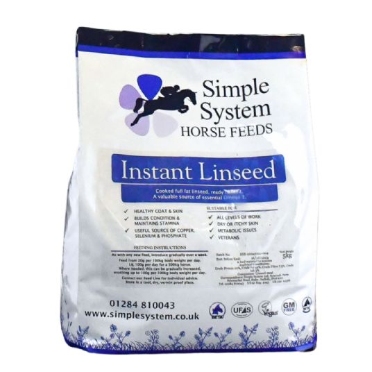 Bag of Simple System Horse Feeds Instant Linseed on a white background