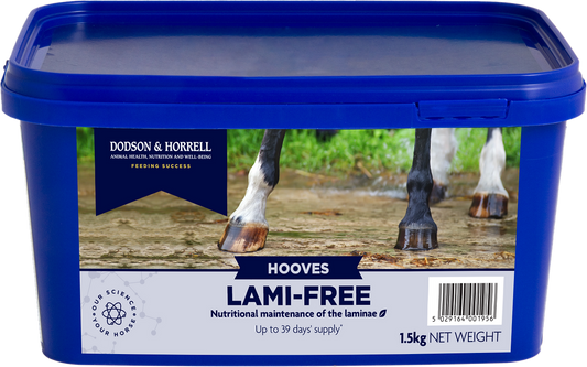 A blue plastic tub of Dodson & Horrell Hooves Lami-Free animal nutrition feed, featuring a label with a photo of horse hooves and product details.