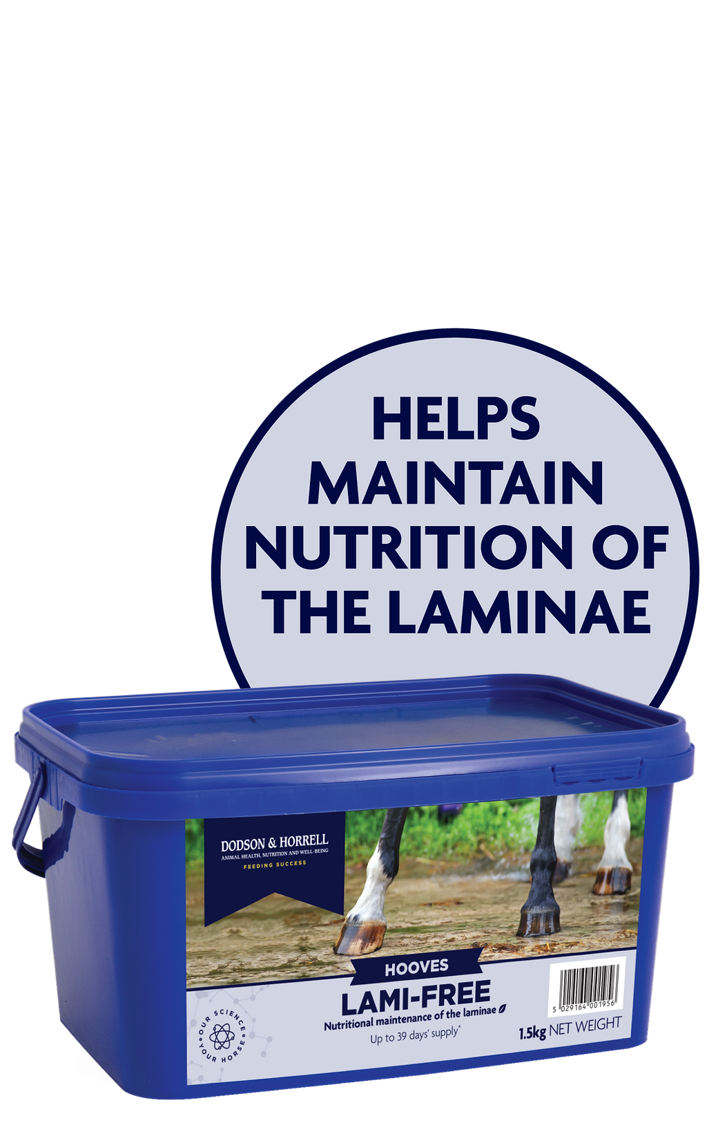 A blue plastic tub of Dooon & Horrell Hooves Lami-Free supplement with a label showing horse hooves, placed in front of a large circular graphic that reads 'HELPS MAINTAIN NUTRITION OF THE LAMINAE'.