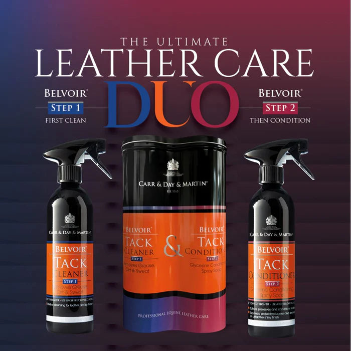Belvoir leather care products on a dark background