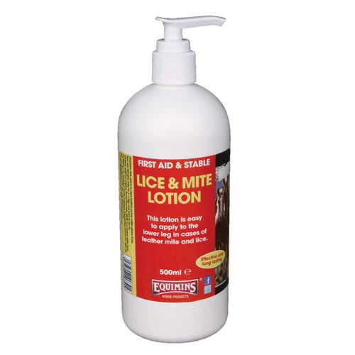 A 500ml white plastic pump bottle of Equimins Lice & Mite Lotion for horses, featuring a red and yellow label.