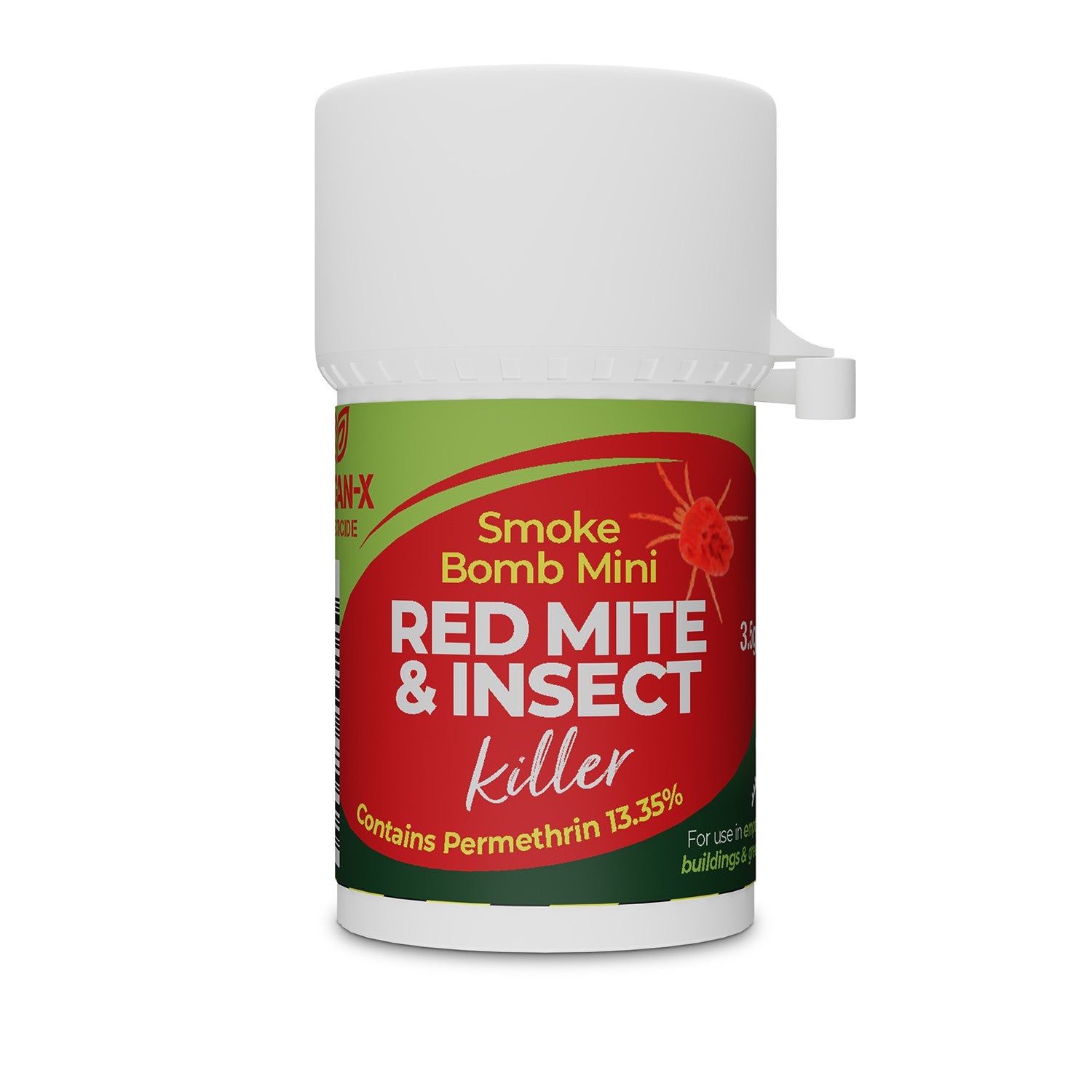 Red mite and insect killer smoke bomb mini on a white background