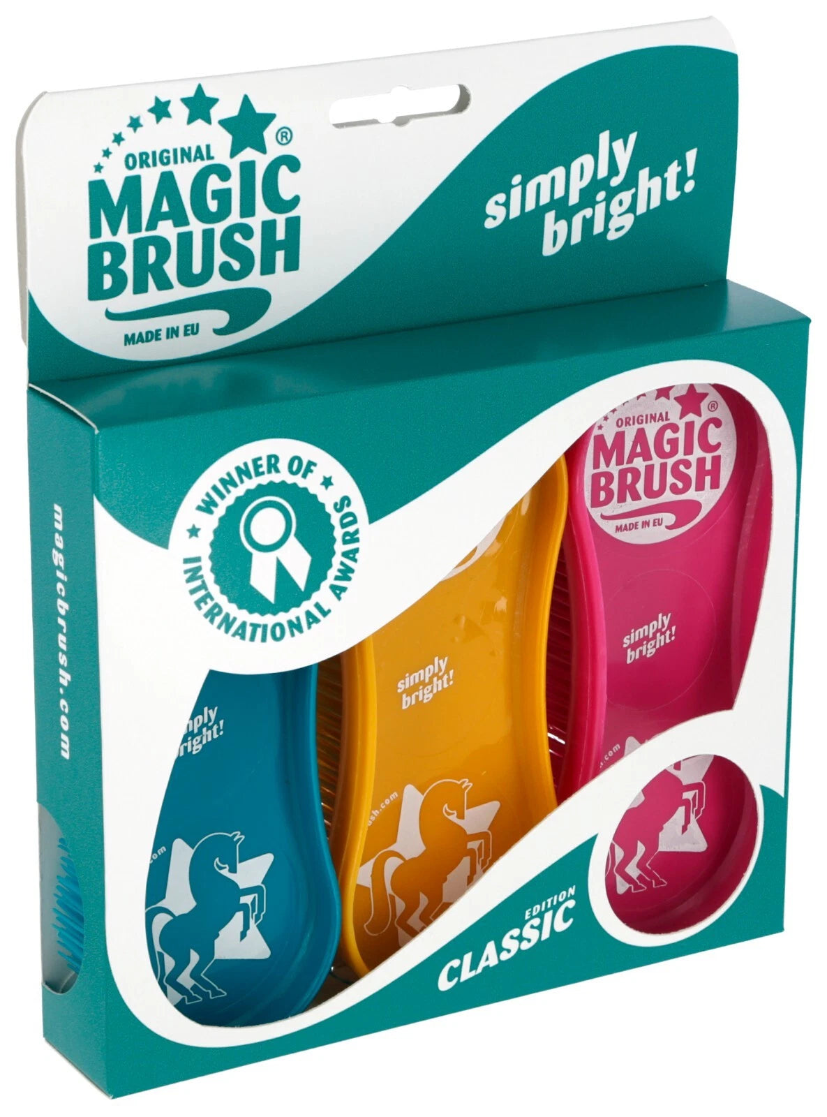 Packaging of Magic Brush with three colorful brushes inside on a white background