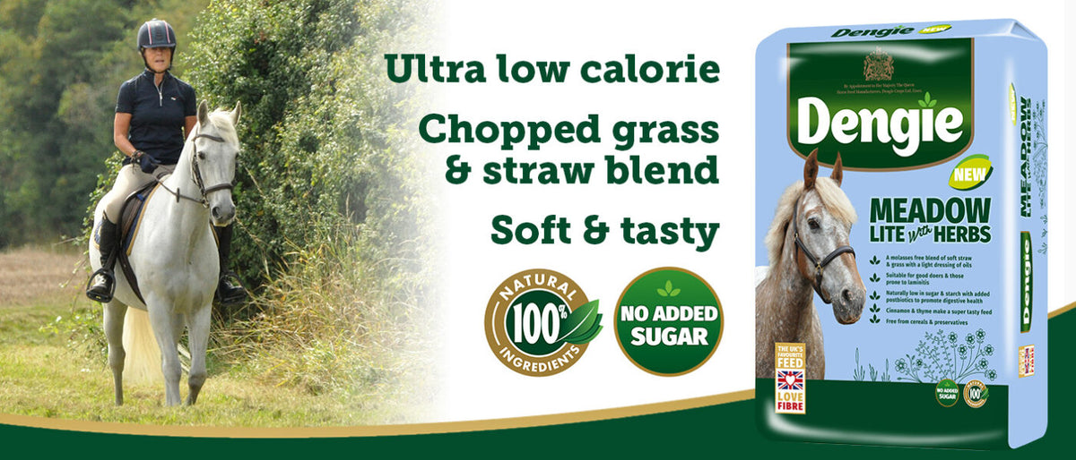 Dengie Meadow Lite for Herbs horse feed packaging shown next to a lifestyle photo of a rider on a white horse in a grassy field. The packaging is light blue and green, and the text highlights the ultra-low calorie chopped grass and straw blend.