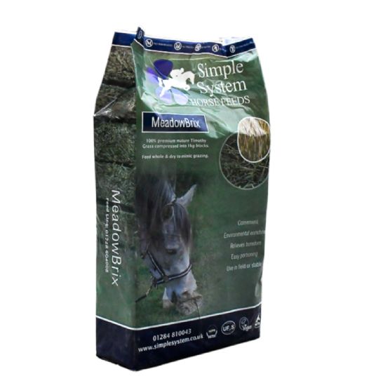 Bag of Simple System MeadowBrix horse feed on a white background