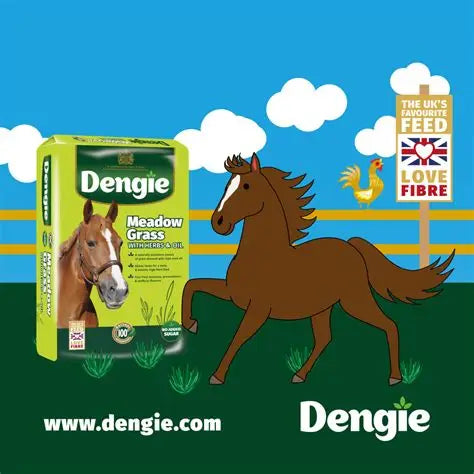 Dengie Meadow Grass horse feed bag shown next to a cartoon brown horse and a sign reading 'The UK's favourite feed' on a blue sky and green grass background.