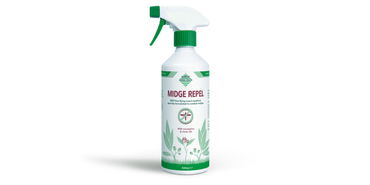 Midge repellent spray bottle on a white background