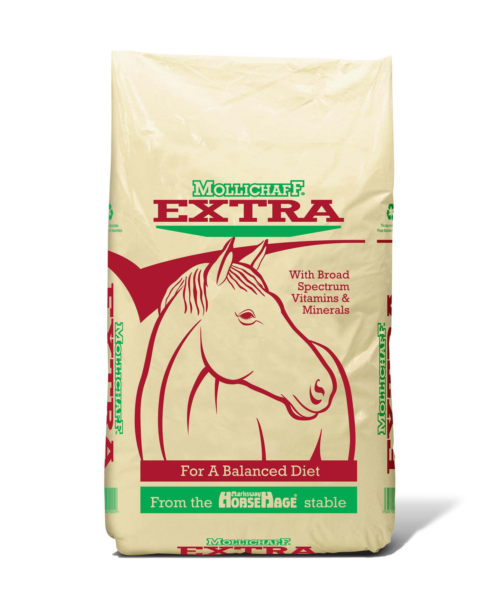 Mollichaff Extra horse feed bag with a horse illustration on a white background