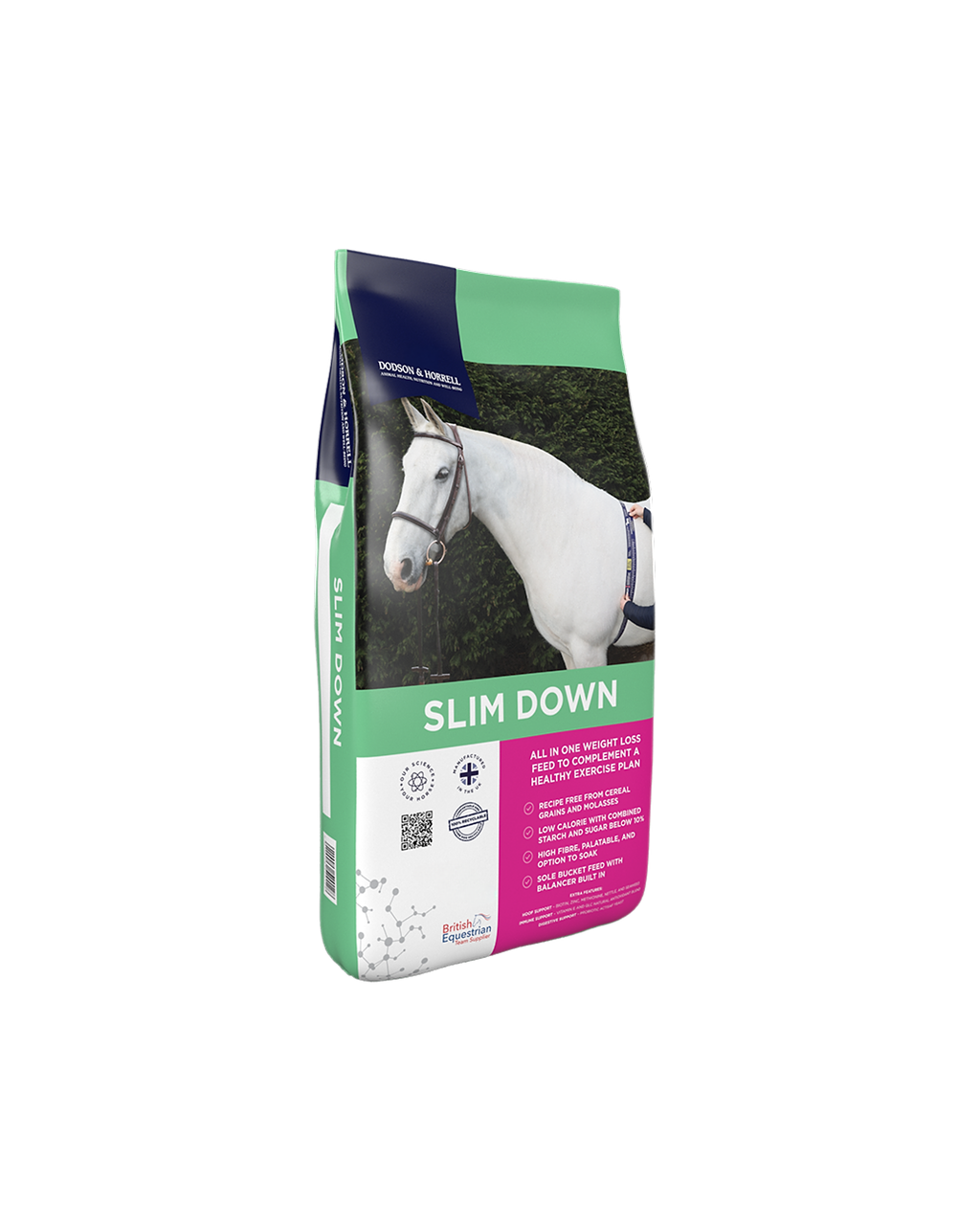 Bag of horse feed with a horse on the label on a white background