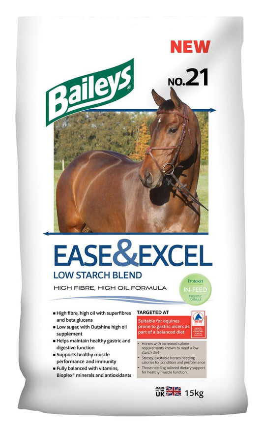 Bag of Baileys No.21 Ease & Excel horse feed, a white sack formulated for horses needing controlled energy and digestive support.