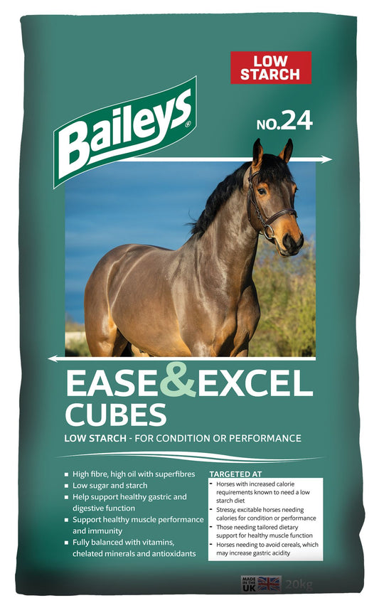 Bag of Baileys 24 Ease and Excel cubes, a blue and white feed sack designed for horses requiring low starch, high fibre nutrition.