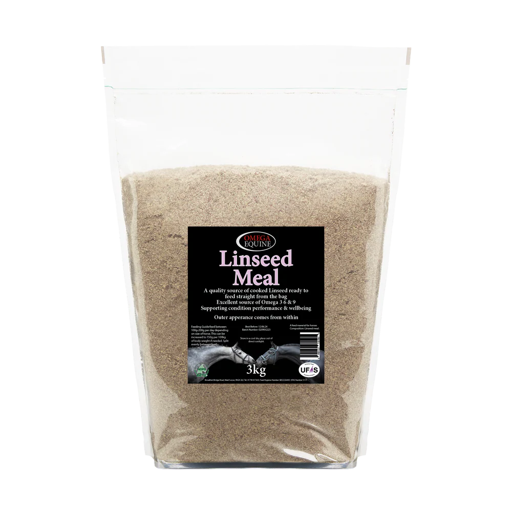 Bag of linseed meal with a label on a white background