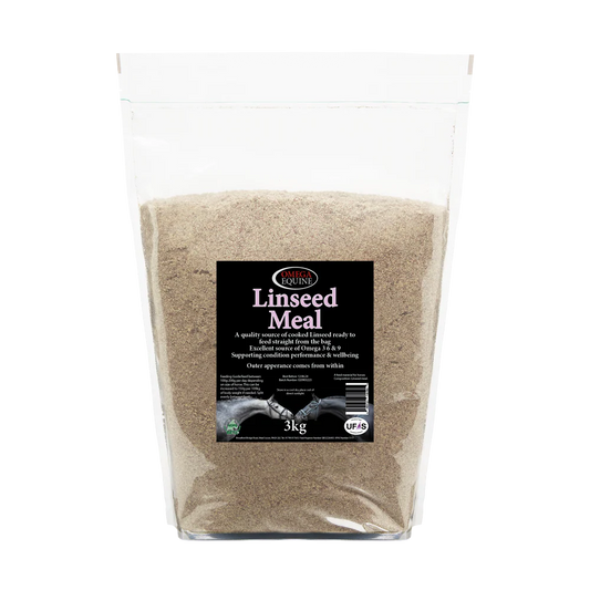 Bag of linseed meal with a label on a white background