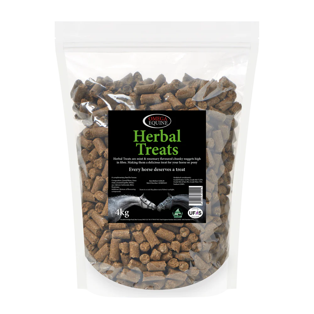 Bag of herbal horse treats with a label on a white background