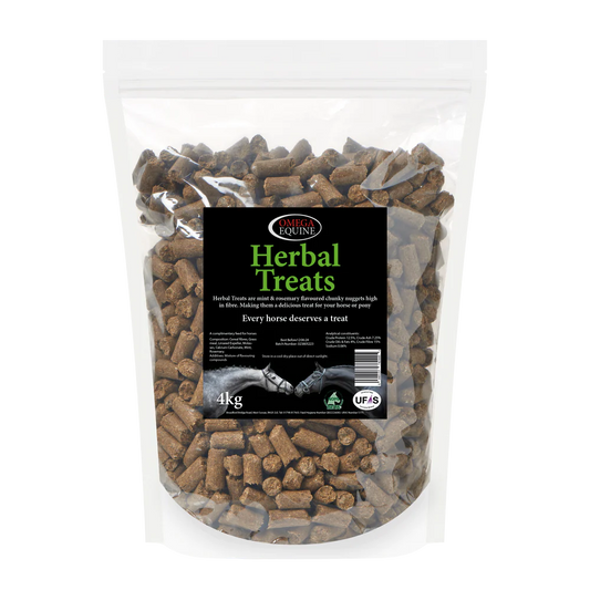 Bag of herbal horse treats with a label on a white background