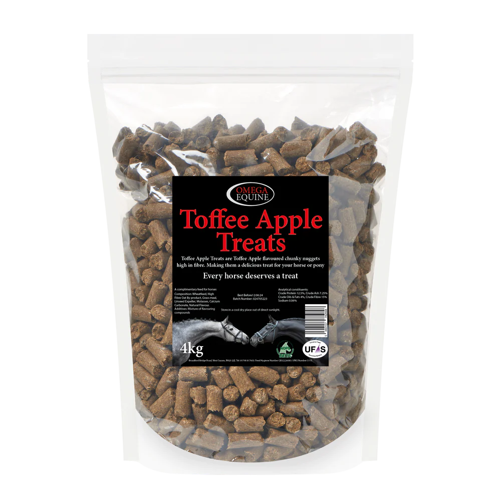 Bag of toffee apple treats with a label on a white background