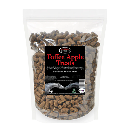 Bag of toffee apple treats with a label on a white background
