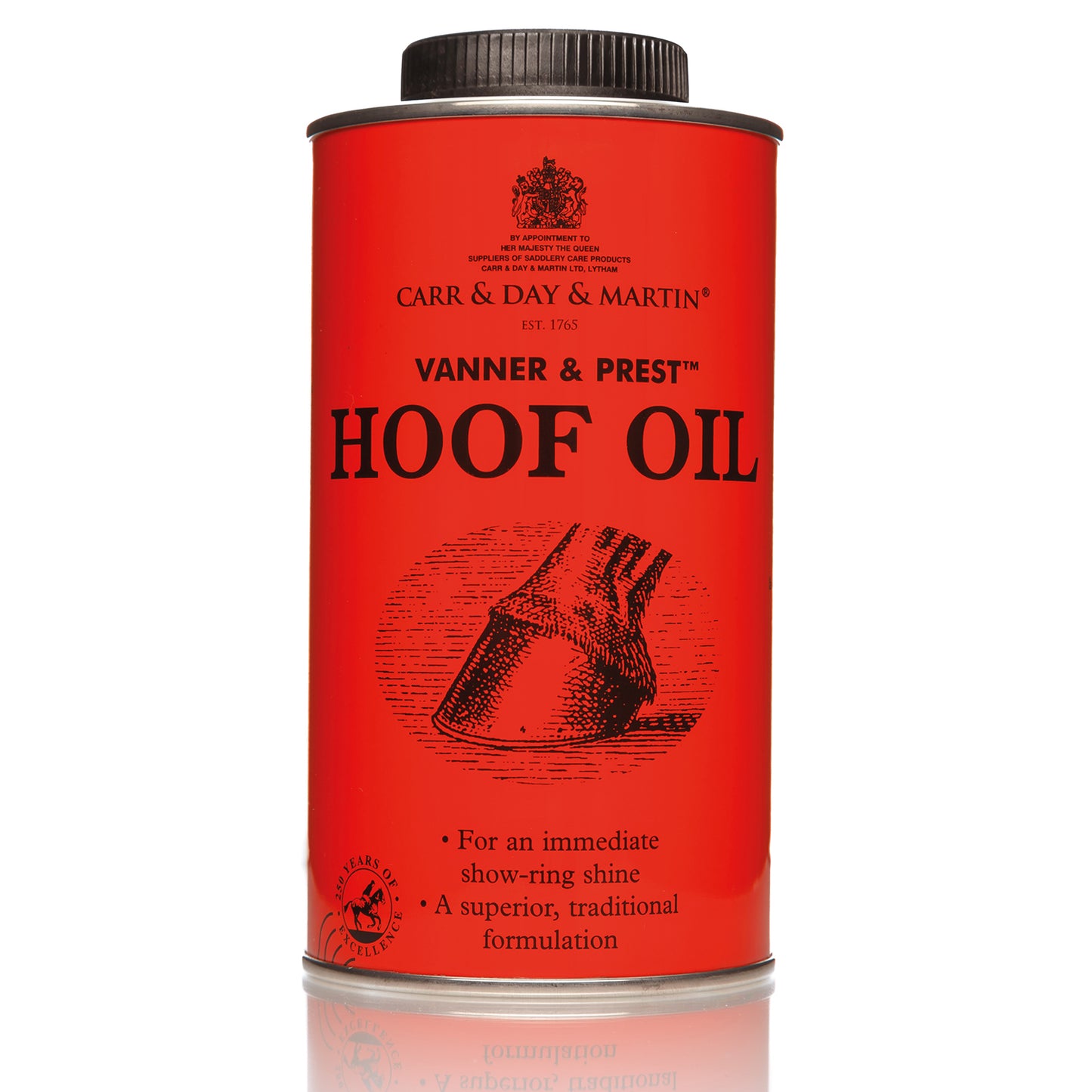 Red can of Carr & Day & Martin Vanner & Prest Hoof Oil on a white background