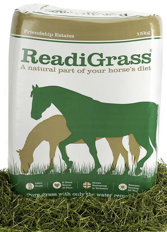 Bag of ReadiGrass horse feed with horse illustrations on a grassy background