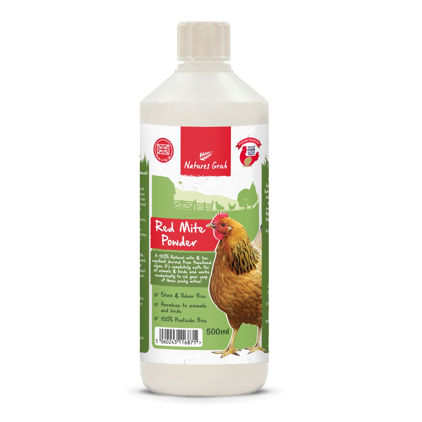 Bottle of Natures Grub Red Mite Powder with a chicken illustration on a white background