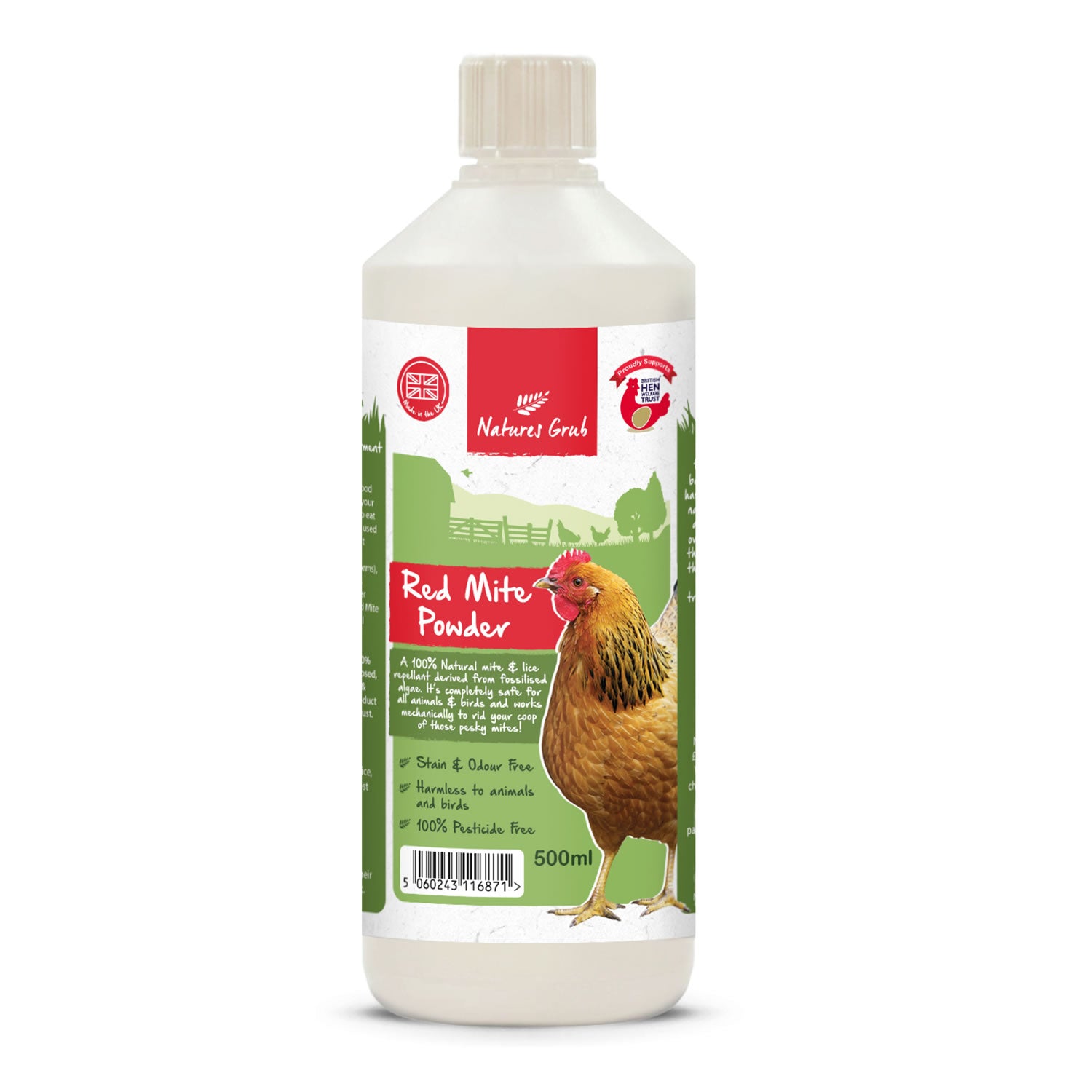 Bottle of Natures Grub Red Mite Powder with a chicken illustration on a white background