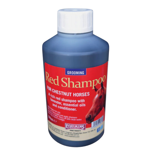 Bottle of Red Shampoo for chestnut horses with a red label on a white background
