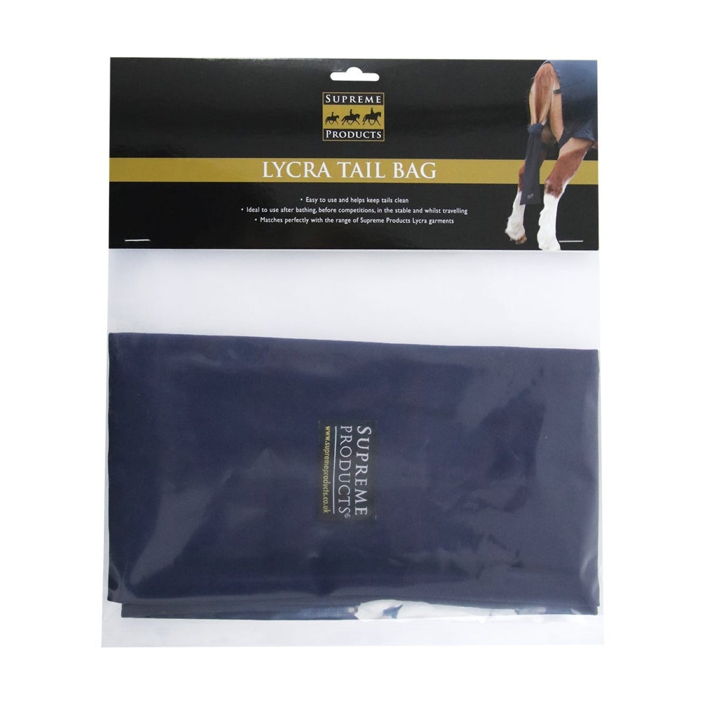 Supreme Products Lycra Tail Bag packaging with a horse image on a white background